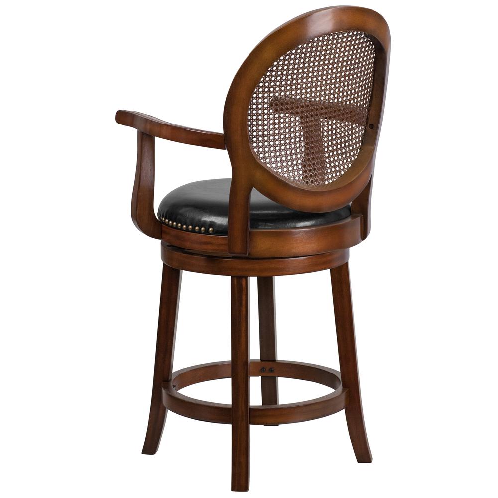26'' High Expresso Wood Counter Height Stool with Arms, Woven Rattan Back and Black LeatherSoft Swivel Seat. Picture 3