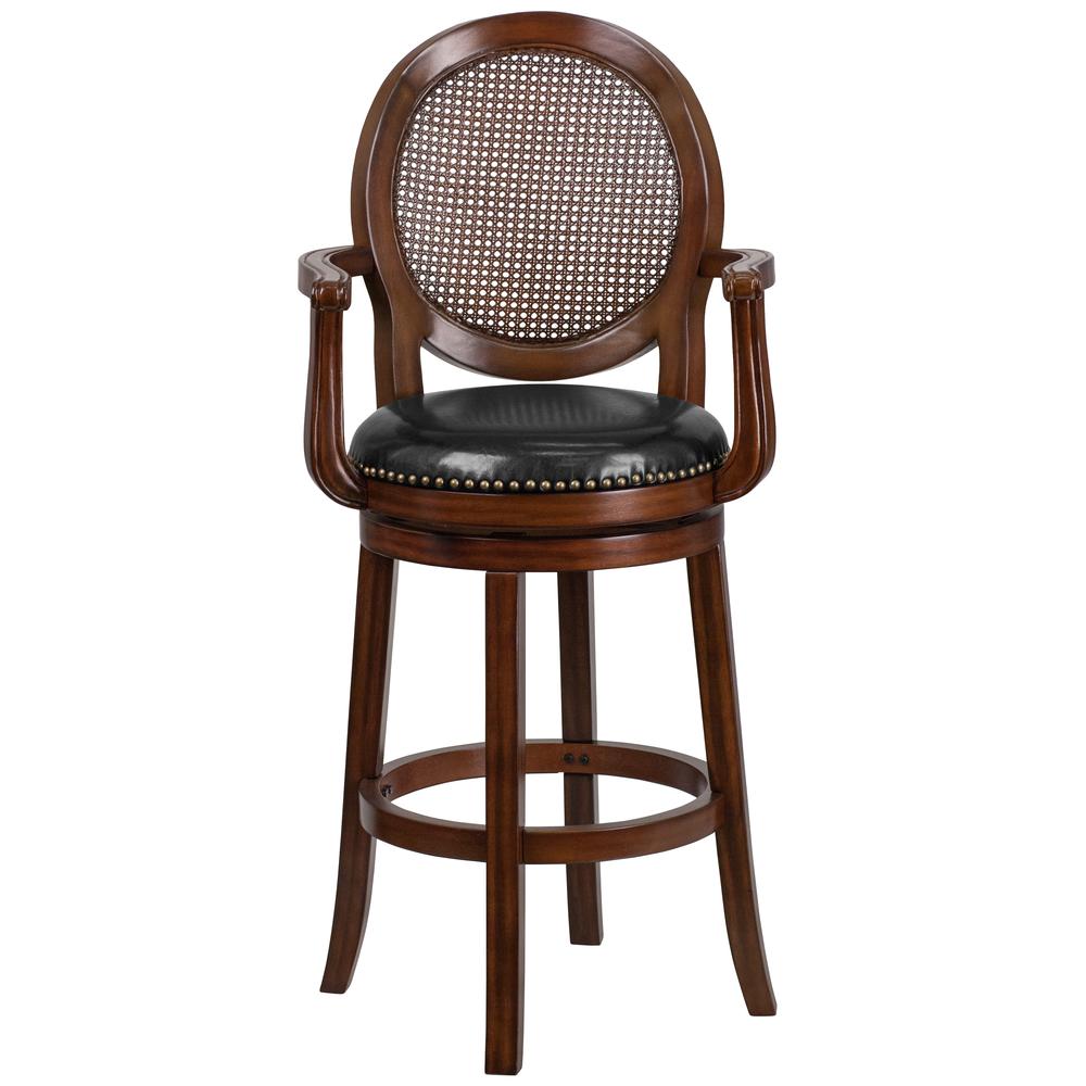 30'' High Expresso Wood Barstool with Arms, Woven Rattan Back and Black LeatherSoft Swivel Seat. Picture 4