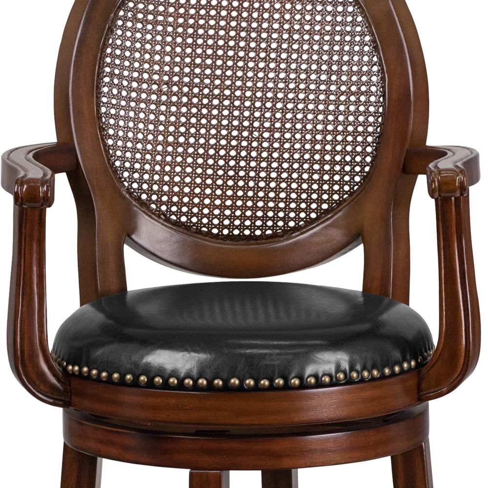 30'' High Expresso Wood Barstool with Arms, Woven Rattan Back and Black LeatherSoft Swivel Seat. Picture 7