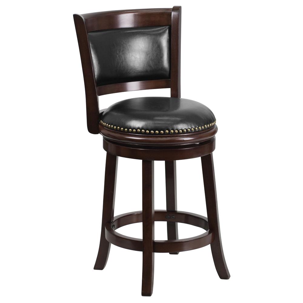 24'' High Cappuccino Wood Counter Height Stool with Panel Back and Black LeatherSoft Swivel Seat. Picture 1