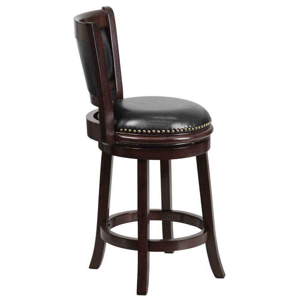 24'' High Cappuccino Wood Counter Height Stool with Panel Back and Black LeatherSoft Swivel Seat. Picture 2