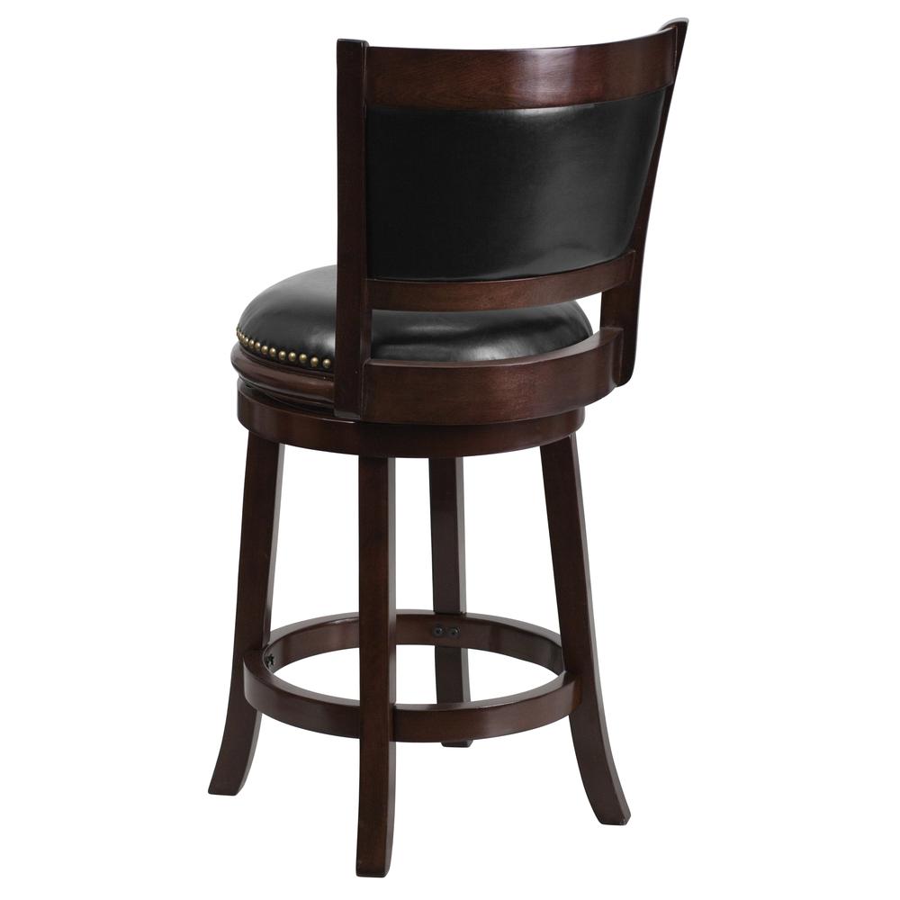 24'' High Cappuccino Wood Counter Height Stool with Panel Back and Black LeatherSoft Swivel Seat. Picture 3