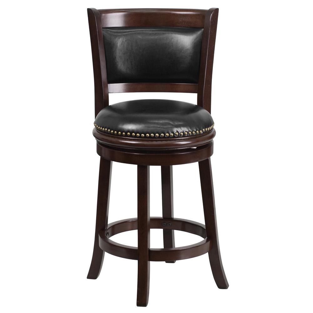 24'' High Cappuccino Wood Counter Height Stool with Panel Back and Black LeatherSoft Swivel Seat. Picture 4