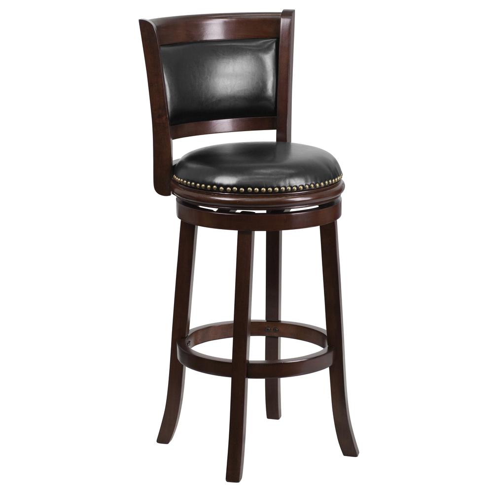 29'' High Cappuccino Wood Barstool with Panel Back and Black LeatherSoft Swivel Seat. Picture 1