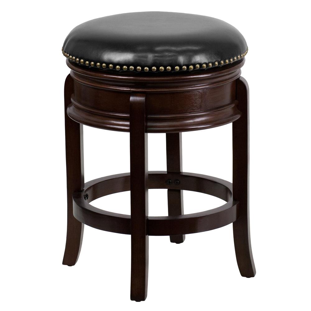 24'' High Backless Cappuccino Wood Counter Height Stool with Carved Apron and Black LeatherSoft Swivel Seat. The main picture.