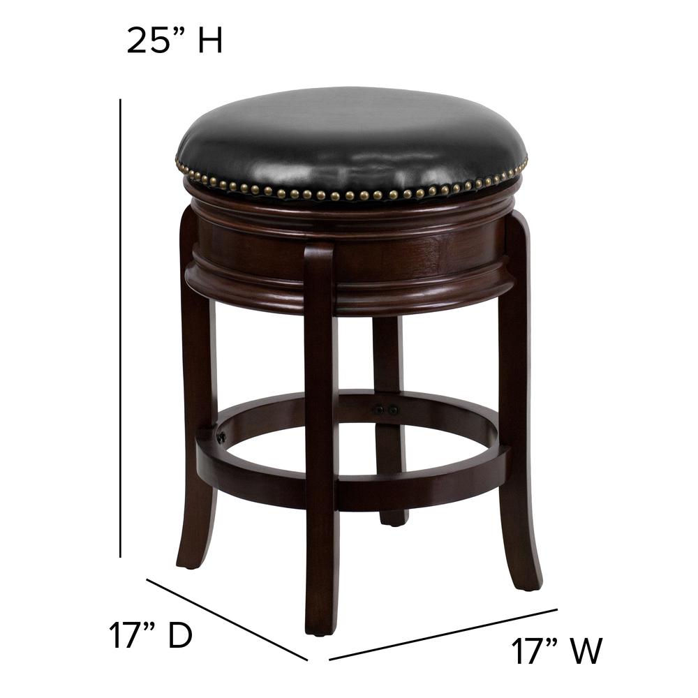 24'' High Backless Cappuccino Wood Counter Height Stool with Carved Apron and Black LeatherSoft Swivel Seat. Picture 2