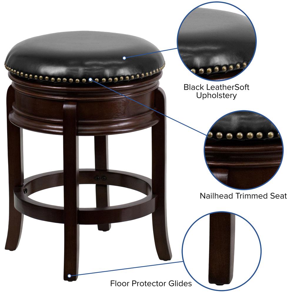 24'' High Backless Cappuccino Wood Counter Height Stool with Carved Apron and Black LeatherSoft Swivel Seat. Picture 3