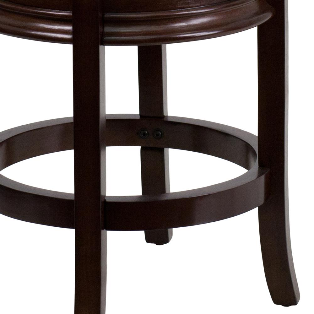 24'' High Backless Cappuccino Wood Counter Height Stool with Carved Apron and Black LeatherSoft Swivel Seat. Picture 4