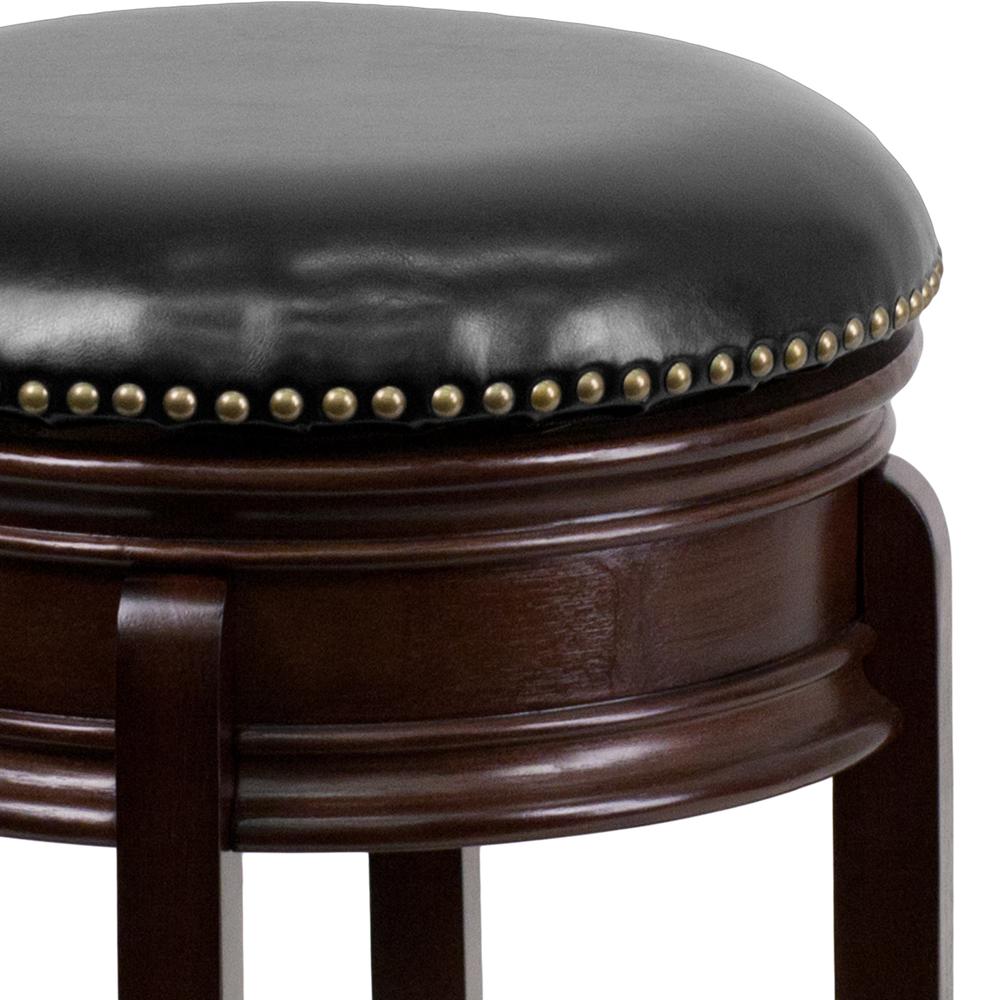 24'' High Backless Cappuccino Wood Counter Height Stool with Carved Apron and Black LeatherSoft Swivel Seat. Picture 5