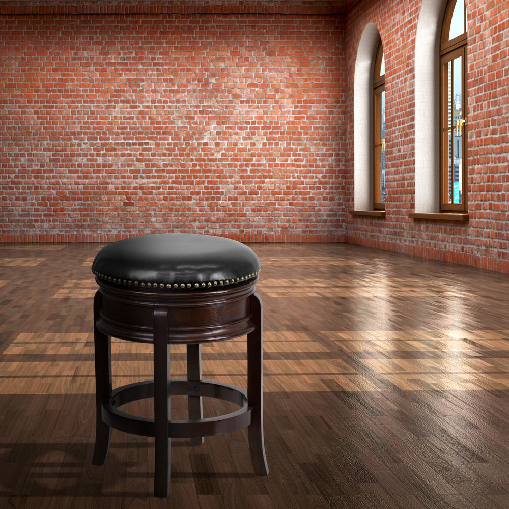 24'' High Backless Cappuccino Wood Counter Height Stool with Carved Apron and Black LeatherSoft Swivel Seat. Picture 6