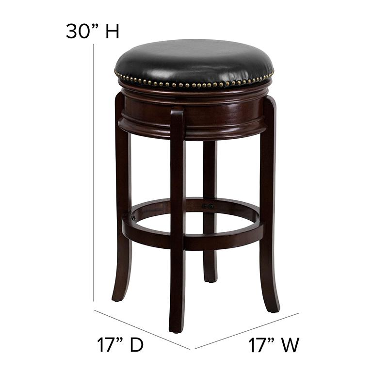 29'' High Backless Cappuccino Wood Barstool with Carved Apron and Black LeatherSoft Swivel Seat. Picture 6