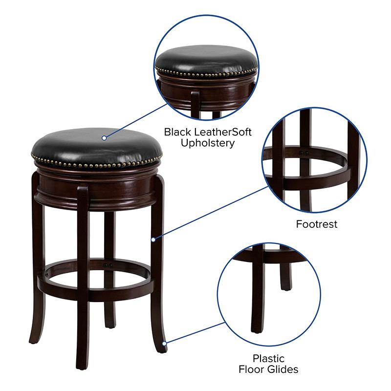 29'' High Backless Cappuccino Wood Barstool with Carved Apron and Black LeatherSoft Swivel Seat. Picture 5