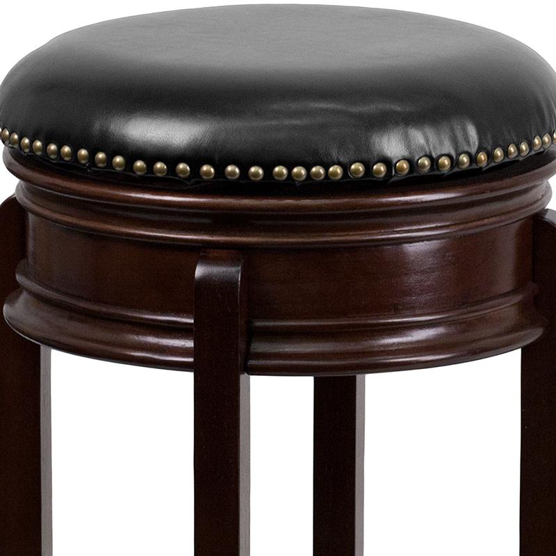 29'' High Backless Cappuccino Wood Barstool with Carved Apron and Black LeatherSoft Swivel Seat. Picture 7