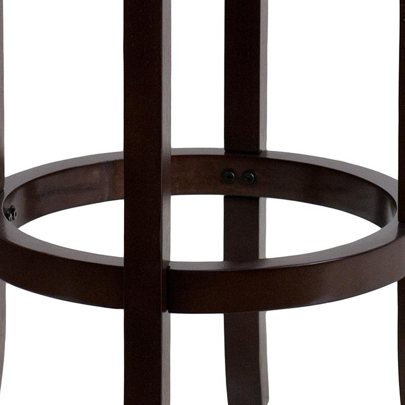 29'' High Backless Cappuccino Wood Barstool with Carved Apron and Black LeatherSoft Swivel Seat. Picture 8