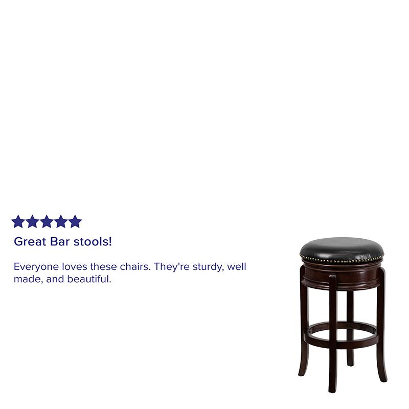 29'' High Backless Cappuccino Wood Barstool with Carved Apron and Black LeatherSoft Swivel Seat. Picture 4