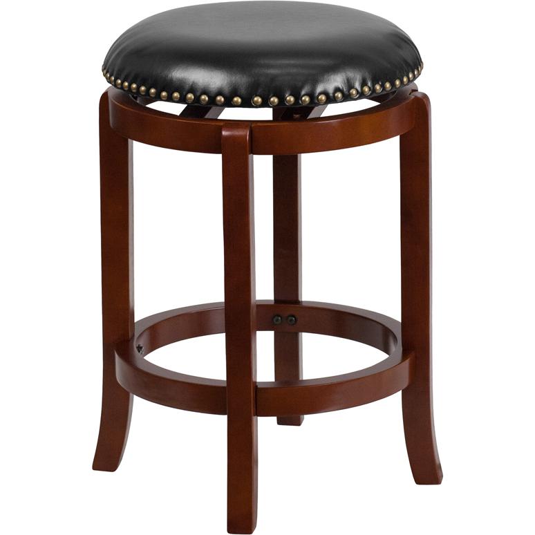 24'' High Backless Light Cherry Wood Counter Height Stool with Black LeatherSoft Swivel Seat. Picture 2