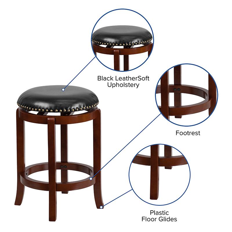 24'' High Backless Light Cherry Wood Counter Height Stool with Black LeatherSoft Swivel Seat. Picture 5