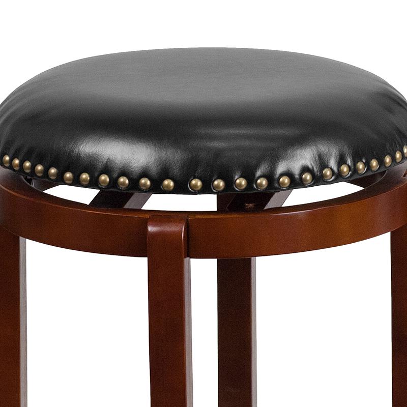 24'' High Backless Light Cherry Wood Counter Height Stool with Black LeatherSoft Swivel Seat. Picture 7