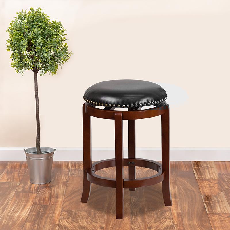 24'' High Backless Light Cherry Wood Counter Height Stool with Black LeatherSoft Swivel Seat. Picture 1