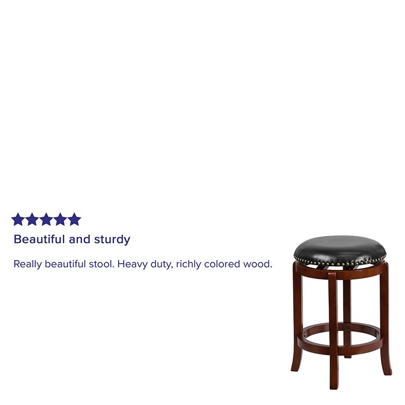 24'' High Backless Light Cherry Wood Counter Height Stool with Black LeatherSoft Swivel Seat. Picture 4