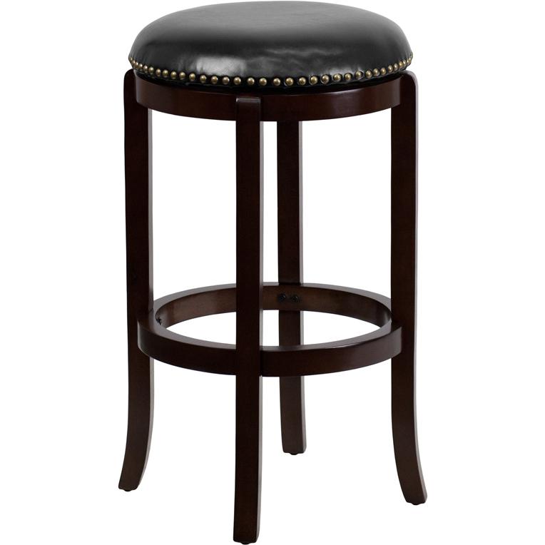 29'' High Backless Cappuccino Wood Barstool with Black LeatherSoft Swivel Seat. Picture 2