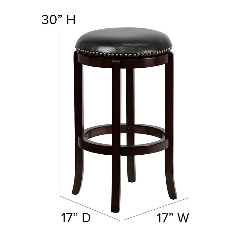 29'' High Backless Cappuccino Wood Barstool with Black LeatherSoft Swivel Seat. Picture 6