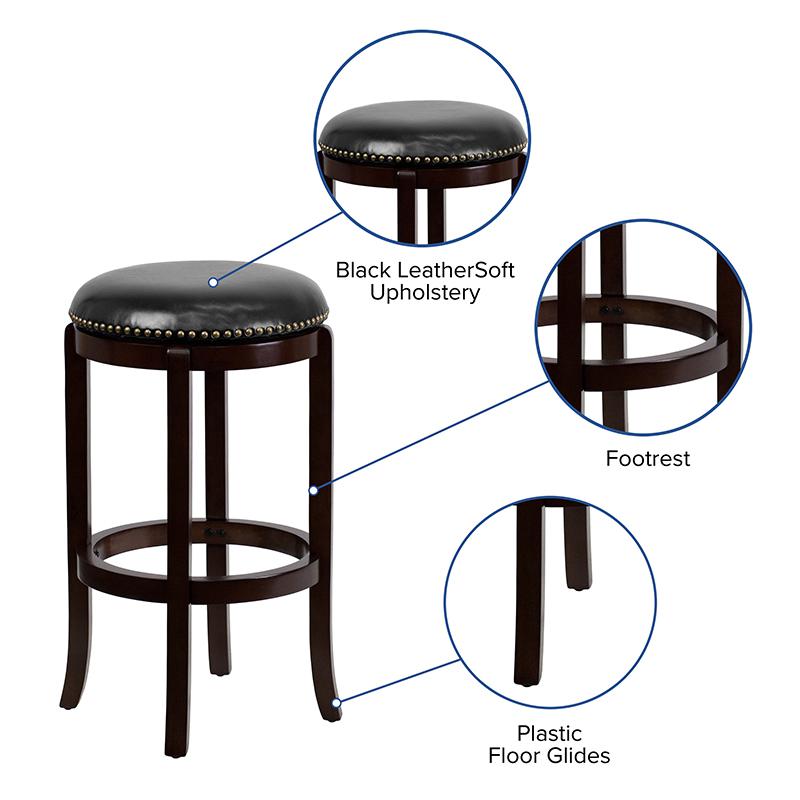 29'' High Backless Cappuccino Wood Barstool with Black LeatherSoft Swivel Seat. Picture 5