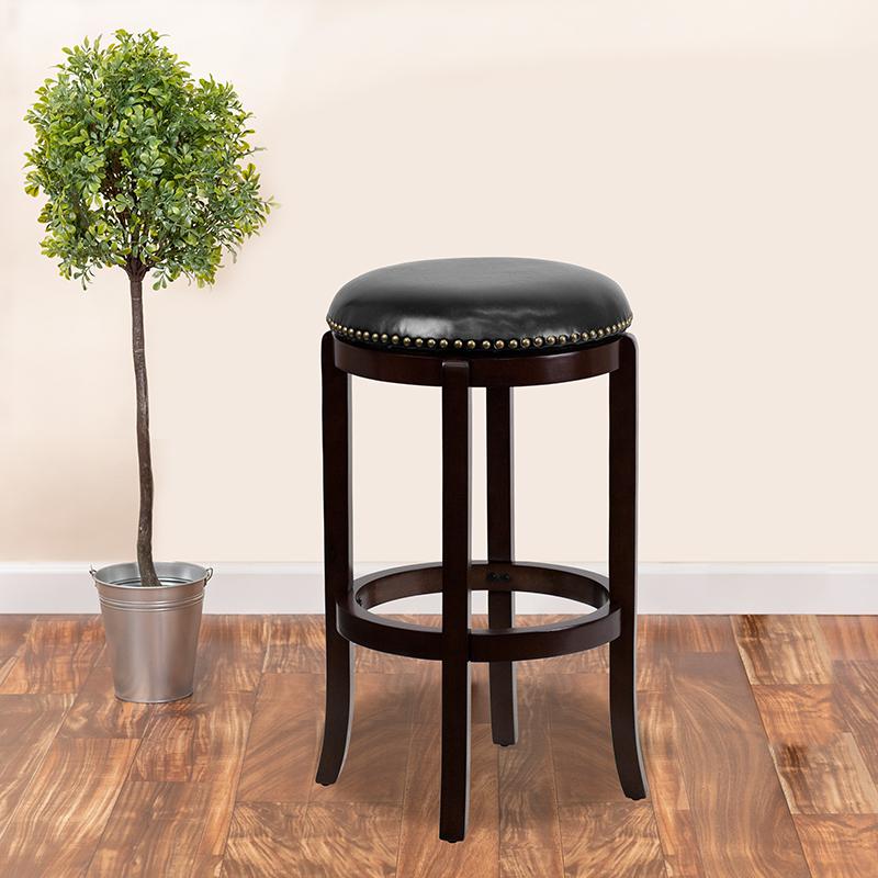 29'' High Backless Cappuccino Wood Barstool with Black LeatherSoft Swivel Seat. The main picture.