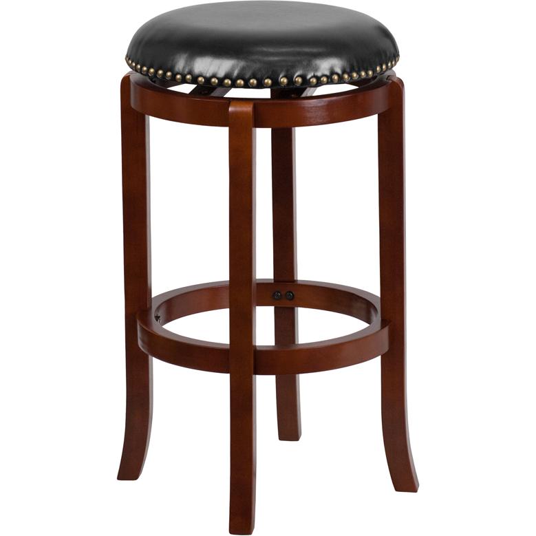 29'' High Backless Light Cherry Wood Barstool with Black LeatherSoft Swivel Seat. Picture 2