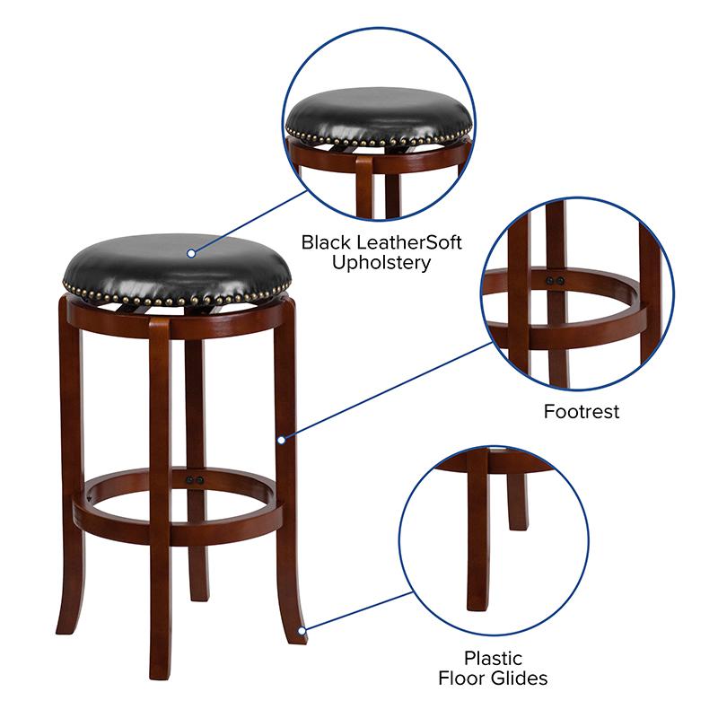 29'' High Backless Light Cherry Wood Barstool with Black LeatherSoft Swivel Seat. Picture 5