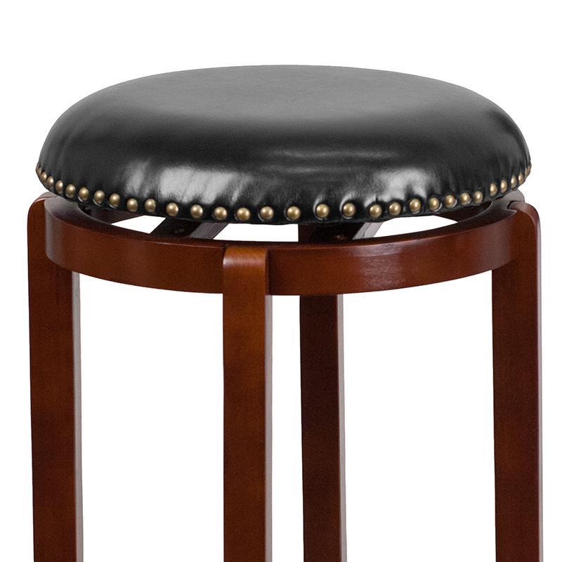 29'' High Backless Light Cherry Wood Barstool with Black LeatherSoft Swivel Seat. Picture 7