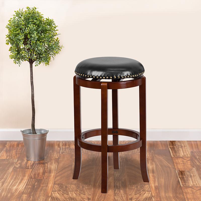 29'' High Backless Light Cherry Wood Barstool with Black LeatherSoft Swivel Seat. The main picture.