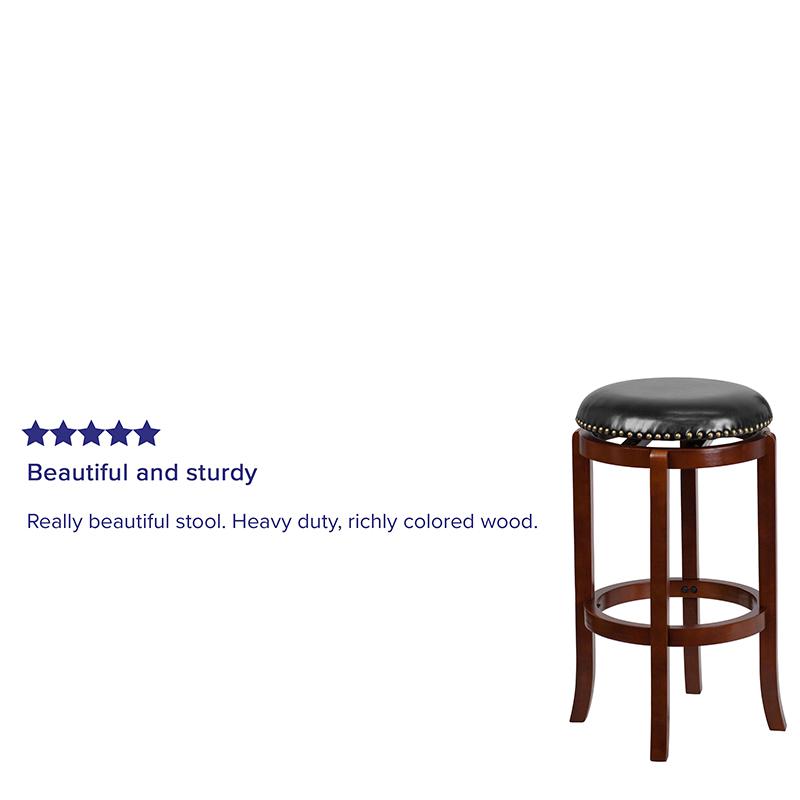 29'' High Backless Light Cherry Wood Barstool with Black LeatherSoft Swivel Seat. Picture 4