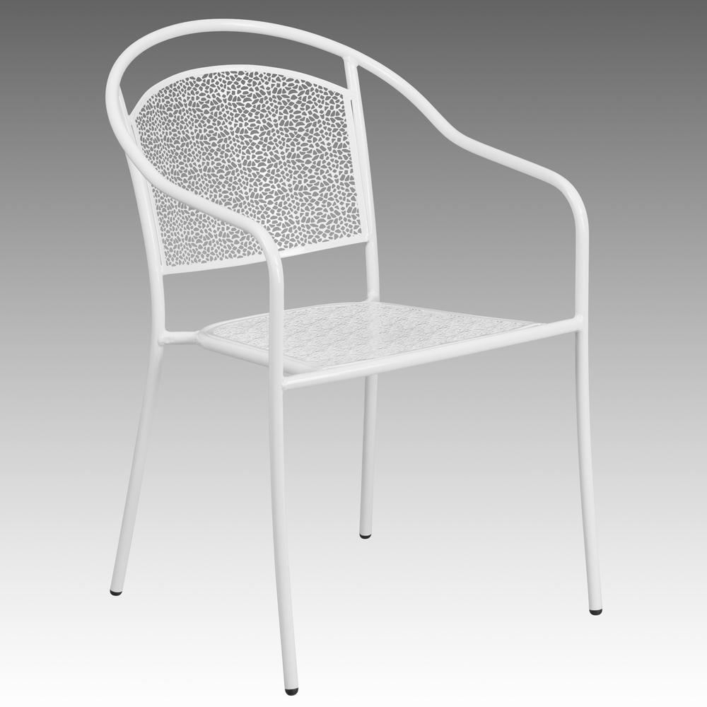 Commercial Grade White Indoor-Outdoor Steel Patio Arm Chair with Round Back. Picture 8
