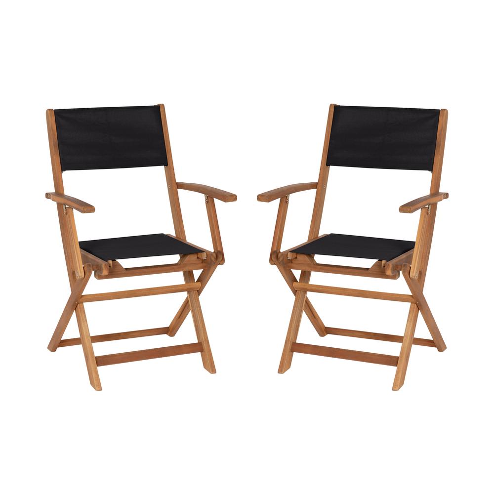 Folding Acacia Wood Patio Bistro Chairs with Natural X Base Frame, Set of 2. Picture 3