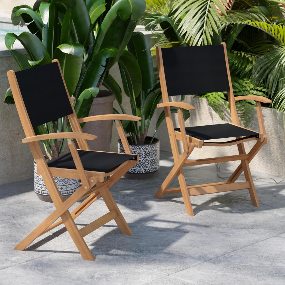 Folding Acacia Wood Patio Bistro Chairs with Natural X Base Frame, Set of 2. Picture 7