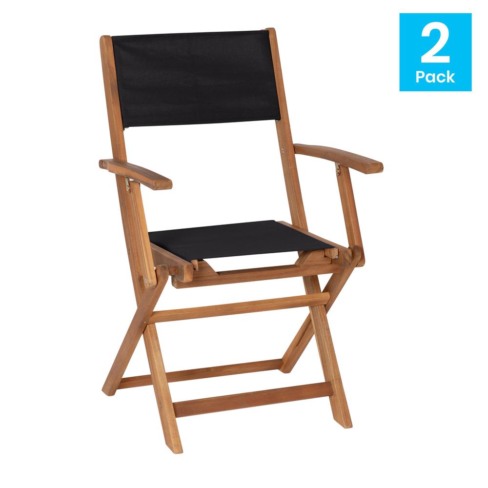 Folding Acacia Wood Patio Bistro Chairs with Natural X Base Frame, Set of 2. Picture 2