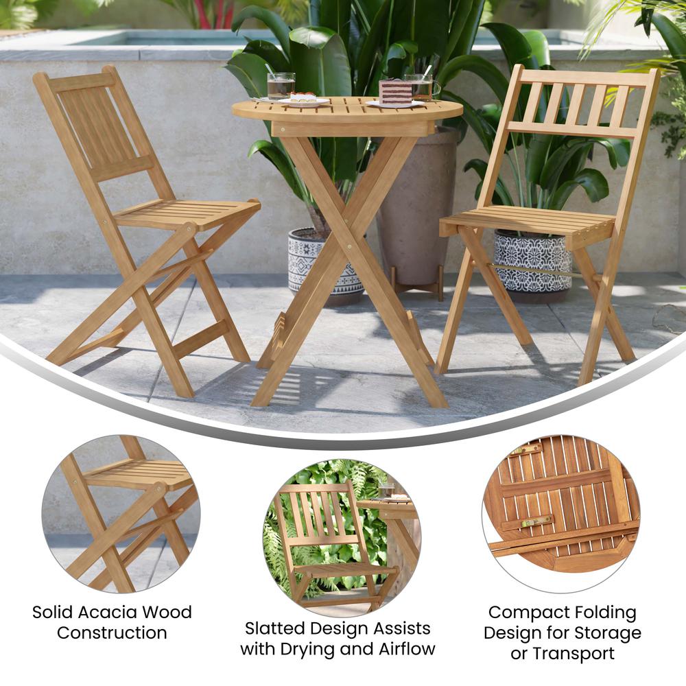 3 Piece Folding Patio Bistro Set, Acacia Wood Table and 2 Chair Set. Picture 4