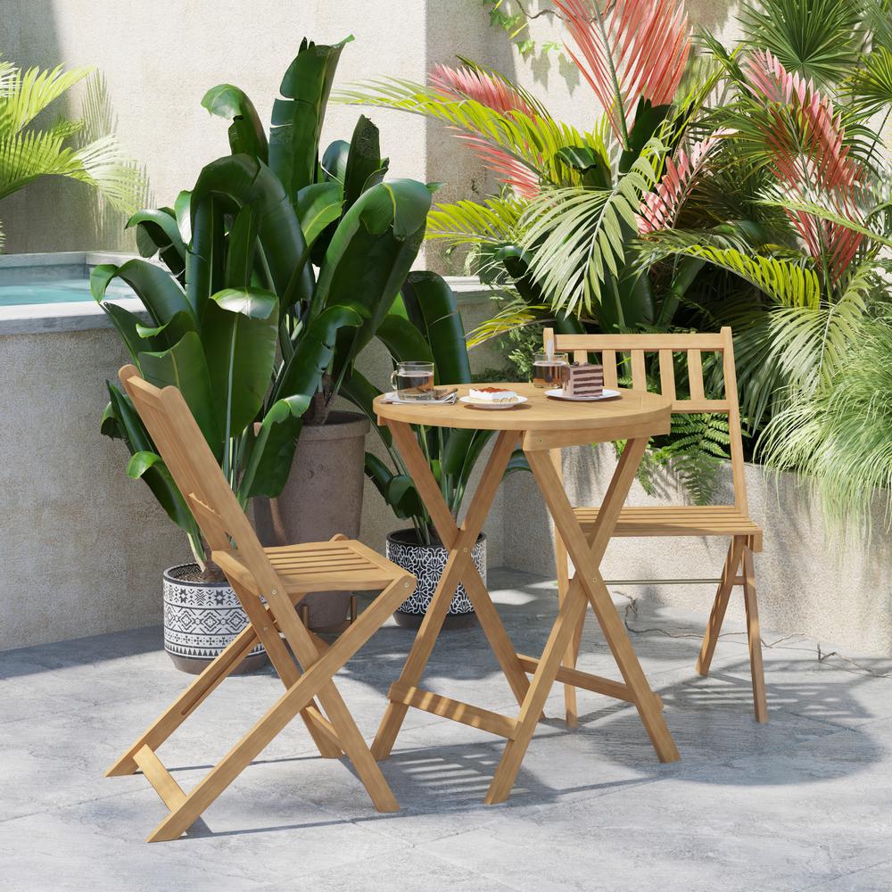 3 Piece Folding Patio Bistro Set, Acacia Wood Table and 2 Chair Set. Picture 6