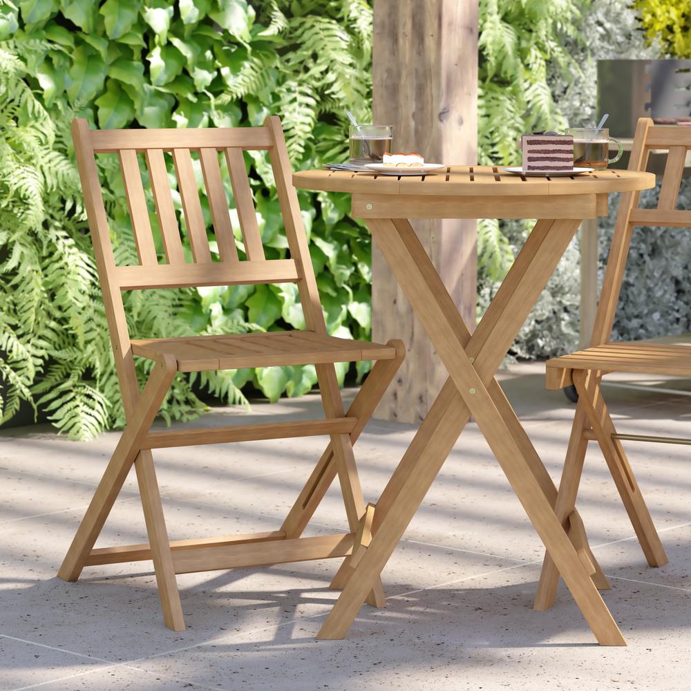 3 Piece Folding Patio Bistro Set, Acacia Wood Table and 2 Chair Set. Picture 7