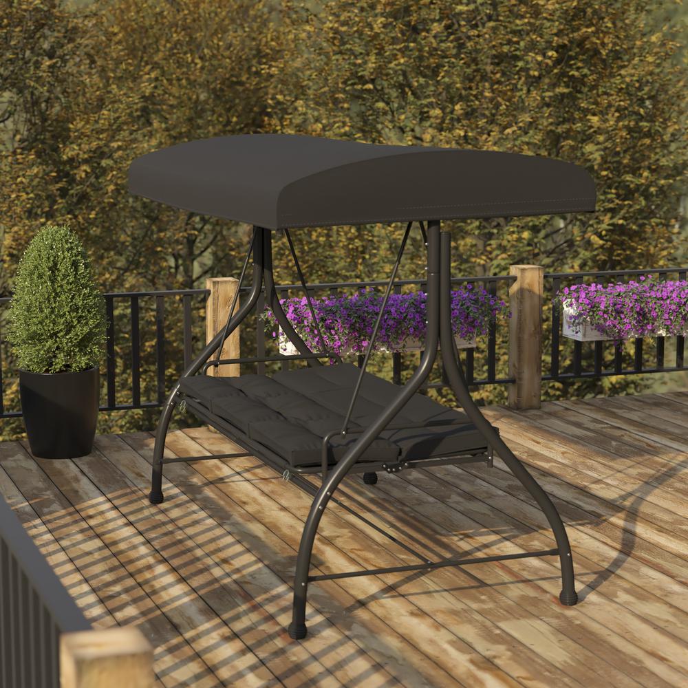 3-Seat Steel Converting Patio Swing Canopy Hammock with Cushions (Black). Picture 7