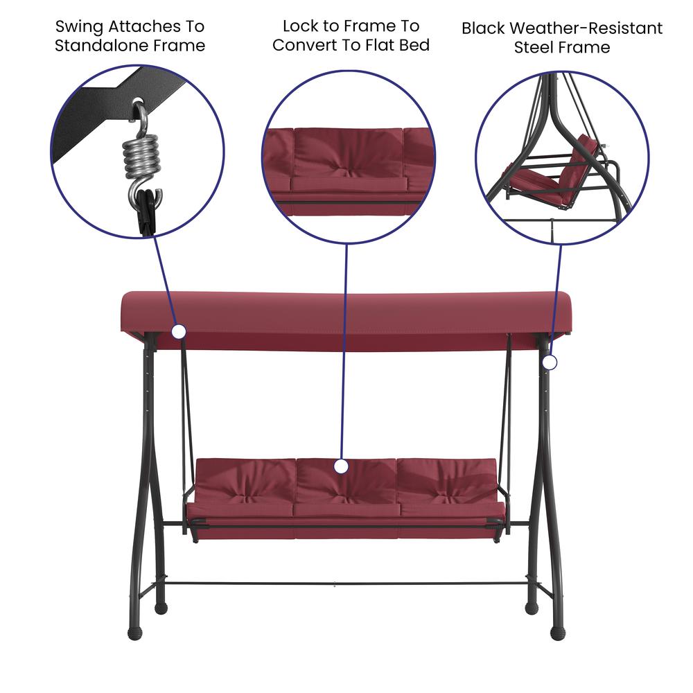 3-Seat Steel Converting Patio Swing Canopy Hammock with Cushions (Maroon). Picture 5