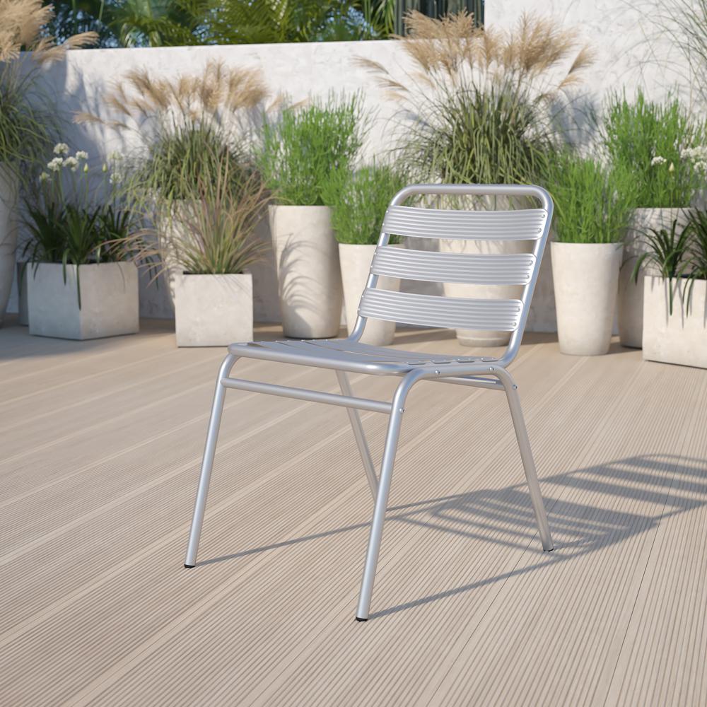 Commercial Aluminum Indoor-Outdoor Restaurant Stack Chair with Triple Slat Back. The main picture.