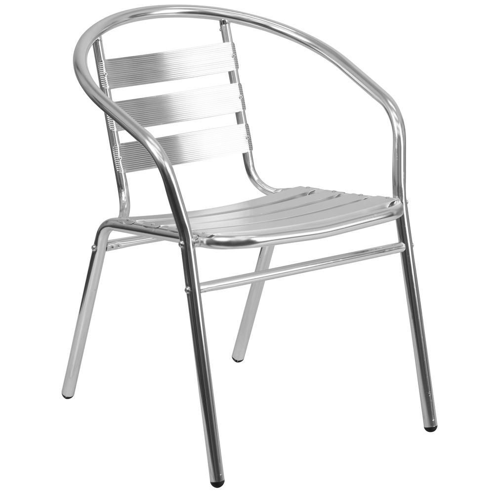 Commercial Aluminum Indoor-Outdoor Restaurant Stack Chair with Triple Slat Back and Arms. Picture 1