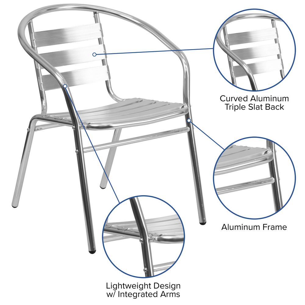 Commercial Aluminum Indoor-Outdoor Restaurant Stack Chair with Triple Slat Back and Arms. Picture 5