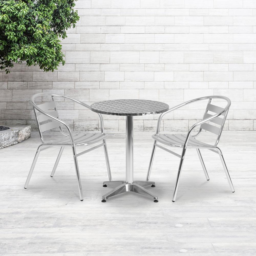 Commercial Aluminum Indoor-Outdoor Restaurant Stack Chair with Triple Slat Back and Arms. Picture 8