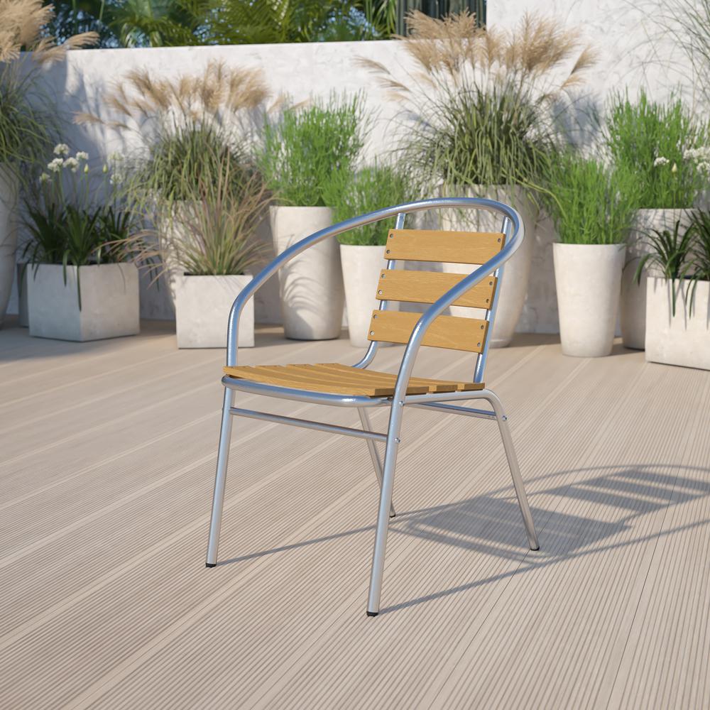 Commercial Aluminum Indoor-Outdoor Restaurant Stack Chair with Triple Slat Faux Teak Back. Picture 5