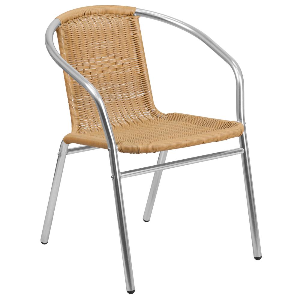 Commercial Aluminum and Beige Rattan Indoor-Outdoor Restaurant Stack Chair. Picture 1