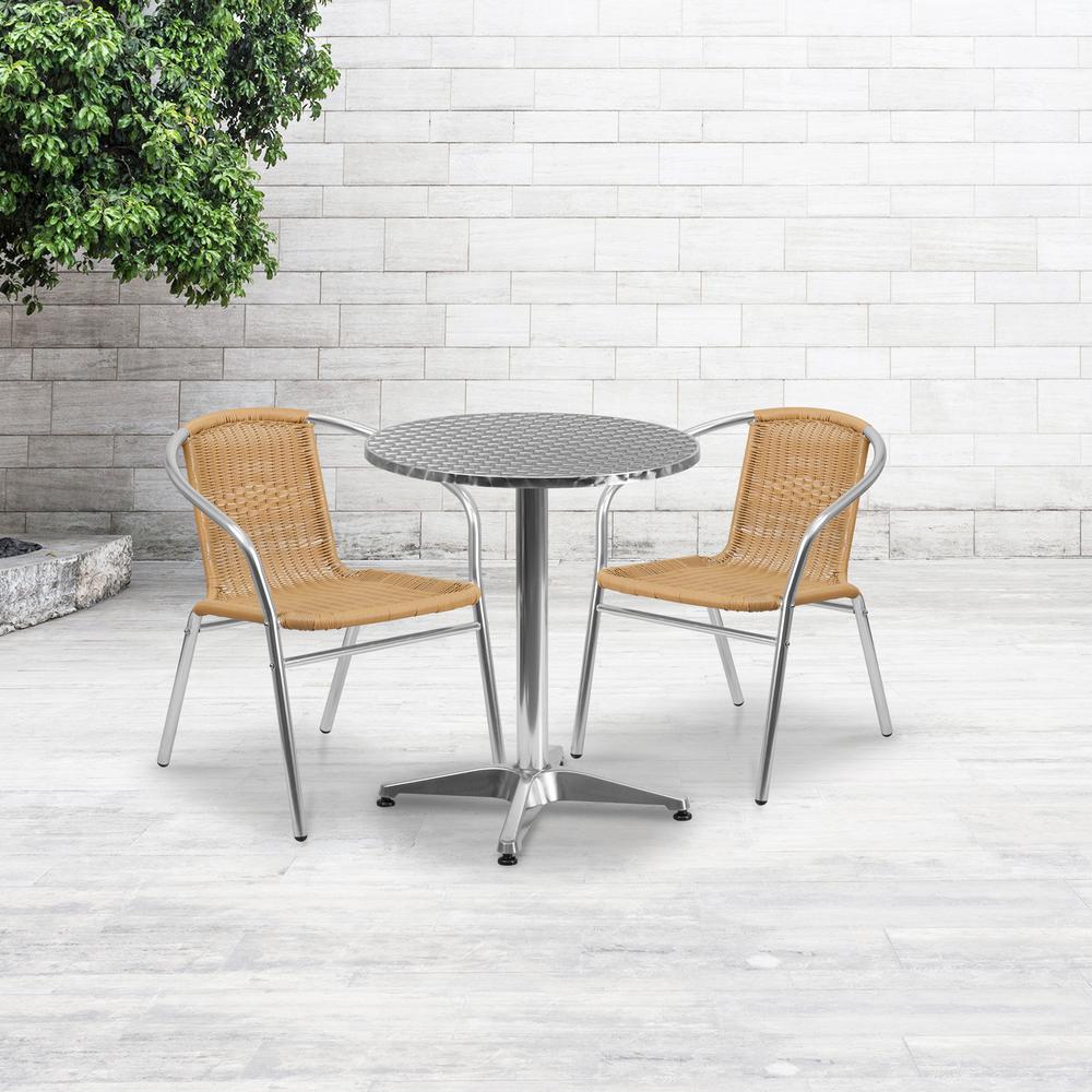Commercial Aluminum and Beige Rattan Indoor-Outdoor Restaurant Stack Chair. Picture 2
