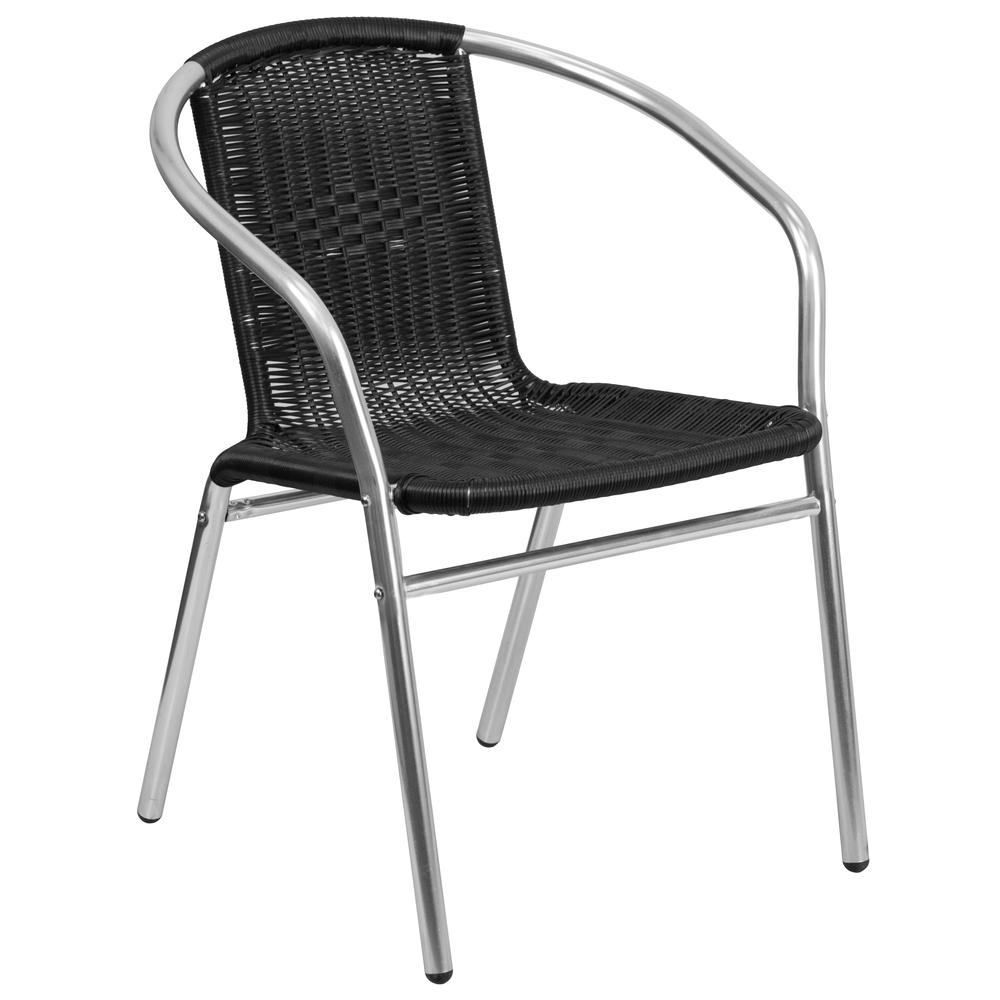 Commercial Aluminum and Black Rattan Indoor-Outdoor Restaurant Stack Chair. Picture 1